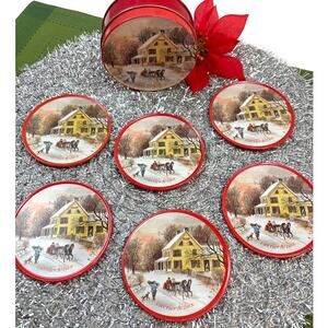 Currier & Ives 6-Piece Cork Back Metal Coaster Set W/ Storage Tin Vintage